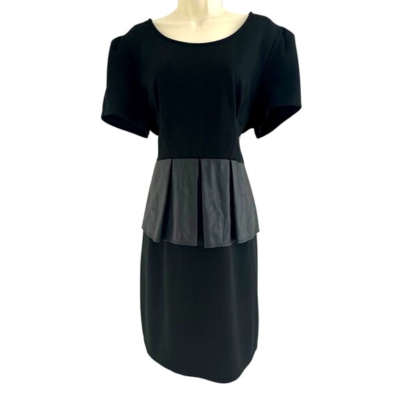 Black Ponte Knit Puff Sleeve Faux-Leather Peplum Dress Size 2X 18 20 Plus Sheath - Picture 2 of 8